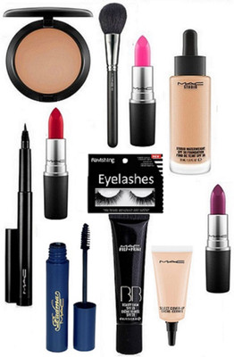 

ravishing Eyelashes, Mac pen eyeliner & 3 shade lipstick & studio water weight & prep+ primer bb foundation & concealer & compact& makeup brush , Padma mascara(Set of 11)