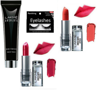 

ravishing Eyelashes, Lakme Absolute primer, & Enrich Matte Lipstick Two shades(Set of 4)