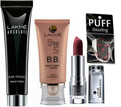 

Dazzling Silicon puff , mac lakme 9 to 5 bb bright benefit cream with absolute blur perfect makeup primer & lakme enrich satin lipstick (Set of 4)(Set of 4)