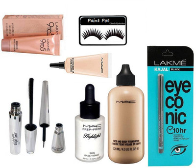 

paint pot Eyelashes, Mac Face & Body Foundation, Highliter, Brook Candy Eyeliner, Mascara, Select Cover Up Concealer, Lekme Eyeconic kajal, 9to5 Mousse Foundation(Set of 8)