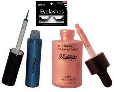 jenney Eyelashes&Blue Glitter Eyeliner & Prep+Prime Highlighter(Set of 3)