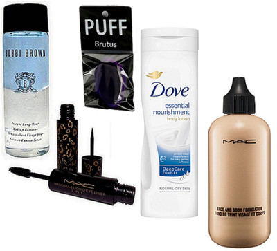 

BRUTUS Silicone Puff & Mac Face and Body foundation, Mascara & Eyeliner 2 in 1, Bobbi Brown Instant Long Wear Makeup Remover, dove essential nourishment body lotion(Set of 4)