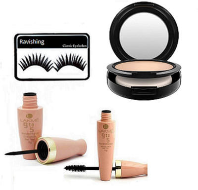 

ravishing Eyelashes, Lakme 9 to 5 water proof eyeliner and mascara,Mac compact(Set of 4)