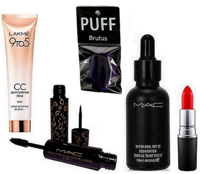 

BRUTUS Silicone Puff, Mac Hyper Real Foundation, Mascara & Eyeliner 2in1, Matte Finish Lipstick, 9to5 cc Cream(Set of 5)