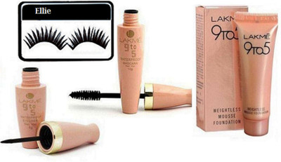 ellie Eyelashes,Lakme 9to5 Eyeliner And Mascara With Mousse Foundation(Set of 4)