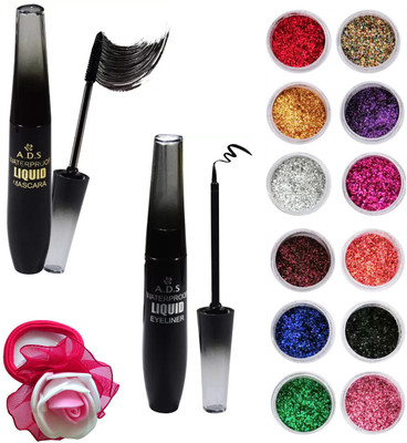 ADS Waterproof Eyeliner, Mascara, Nail Arts Glitter Powder (12 PCS) and Band(Set of 15)