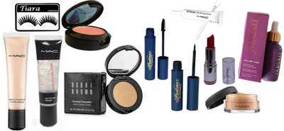 

TIARA Eyelashes , Mac Mattifying Primer , Select Cover Up Foundation , Blusher , unicorn Essence Face Serum , Loose Powder , Padma Eyeliner & Mascara , Bobbi Brown Concealer , Color bar Lipstick , Eyelashes Glue(Set of 11)
