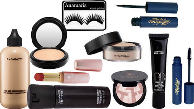 

Anamaria Eyelashes & Mac Face&Body Foundation & Compact & Moisture Infusion Face Serum & Loose Powder & BB Beauty Balm Cream & Padma Eyeliner+Mascara & Lakme 9 to 5 Matte Lipstick & Anastasia Illuminator(Set of 10)