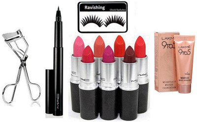 

ravishing Eyelashes & Matte Lipstick Set Of 7 Multicolor, Eyelashes Curler With Pen Eyeliner&Lakme Weightless Mousse Foundation 9gm(Set of 11)