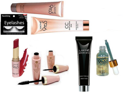 

ravishing Eyelashes, Lakme 9 TO 5 CC Cream, mousse foundation, Absolute primer, lipstick,Serum , Eyeliner & Mascara(Set of 8)