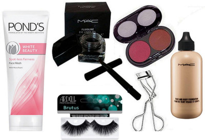 

BRUTUS Eyelashes, Mac Face And body Foundation, Fluidline Eye-liner Gel, 2 Shades Blusher, Curler, Pond's White Beauty Spot-Less Fairness Face Wash(Set of 6)