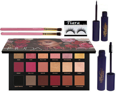 

TIARA Eyelashes , Huda Beauty Rose Gold Eye shadow Palette , Make Brush Pack Of 2 , Mac Padma Eyeliner & Mascara(Set of 6)