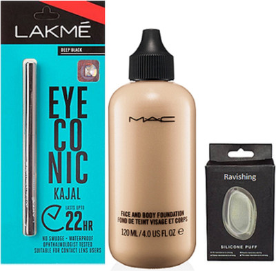 

ravishing silicon puff,mac face and body foundation,lakme eyeconic kajal(Set of 3)