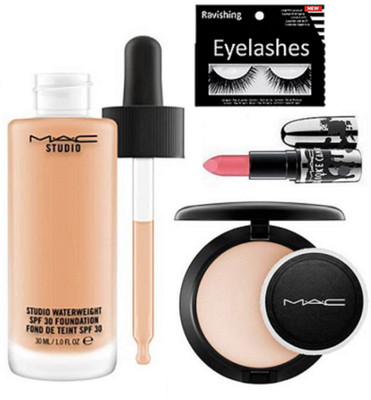 

ravishing Eyelashes, Mac studio water weight foundation & compact, Brooke candy Lipstick(Set of 4)