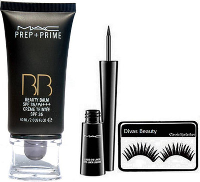 

divas beauty Eyelashes & Mac Liquid Last Eyeliner, Prep+Prime BB BEauty Balm Cream Foundation(Set of 3)