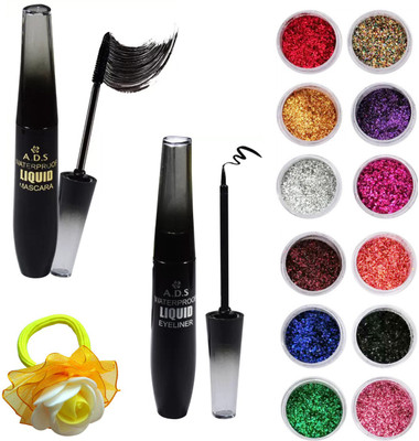 

ADS Waterproof Eyeliner, Mascara, Nail Arts Glitter Powder (12 PCS) and Band(Set of 15)