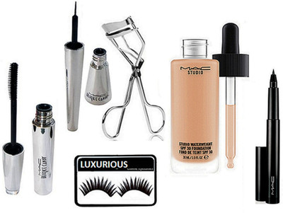 

luxurious Eyelashes,Mac Pen Eyeliner & Eyelashes Curler, Eyeliner ,Mascara With Studio Waterweight Foundation(Set of 6)