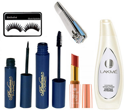 

exclusive Eyelashes, Mac Padma Eyeliner+Mascara & Lakme Winter Intense Body Lotion, 9 to 5 Prime Matte Lipstick & Nail Cutter(Set of 6)