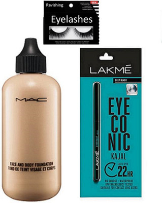 

ravishing Eyelashes, Mac Face & body Foundation & Lakme Eyeconic Deep Black(Set of 3)