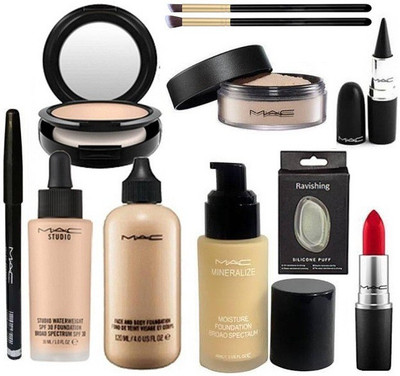 

ravishing Silicon Puff, Losse Powder, Face And Foundation, Mineralize Moisture Foundation, Studio Waterweight Foundation, Studio Fix Compact, Pen EyeLiner, Red Chilli Matte Lipstick, And Stick Kajal(Set of 9)