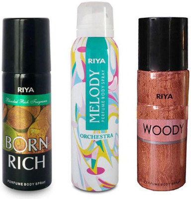 

Riya BORN RICH+ MELODY+ WOODY Deodorant Spray - For Men & Women(150 ml, Pack of 3)