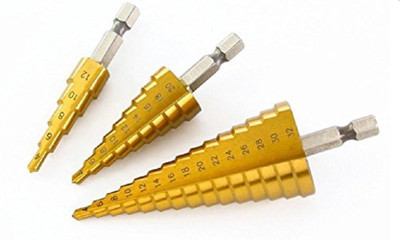 Tools Centre Drill Bit Set Power Tools Step Drill 4-12/4-20/4-32mm Cone Titanium Coated Metal Hole Cutter Tools (3 Pcs 4 To 12 mm, 20 mm, 32 mm.)