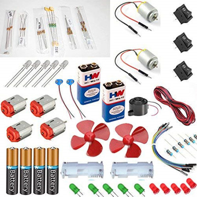

PGSA2Z Motor with Jumber Wire/7 Types Resistors/4 Dc Motor/2 Battery with Snap/4 Holder/2 Fan/3mWire/15 Pcs Led/3 Mini Rocker Switch(Multicolor)
