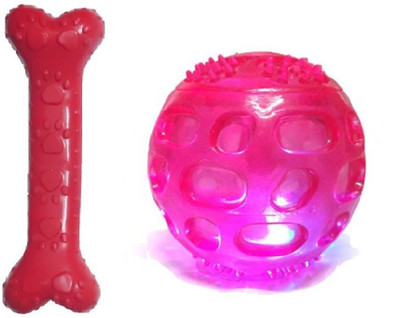 

Goofy Tails Paw Print Rubber Bone Large + LED Ball Rubber Chew Toy, Fetch Toy, Ball, Bone For Dog