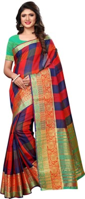 SAARA Self Design, Temple Border, Embellished, Woven, Dyed, Solid/Plain Kanjivaram Silk Blend, Cotton Blend Saree(Dark Blue, Red)