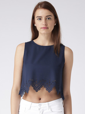 KASSUALLY Casual No Sleeve Solid Women Dark Blue Top