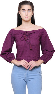 SHOPPERTREE Casual 3/4 Sleeve Checkered Women Maroon Top