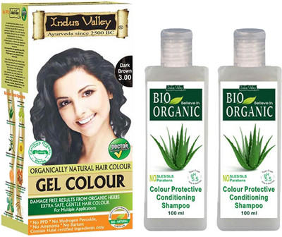 

Indus Valley Organically Natural Gel Dark Brown Ammonia Free Hair Color with 2 Set of Colour Protection Shampoo Combo Pack(Set of 3)