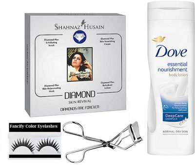 

fancify combo Eyelashes & Diamond Facial Kit,Dove Essential Nourishment Body lotion With Eyelashes Curler(set of 4)(Set of 4)