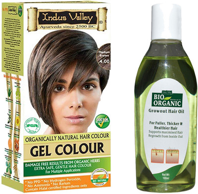 

Indus Valley Organically Natural Gel Medium Brown Permanent Hair Color with Bio Organic Hair Regrowth Oil Combo Pack(Set of 2)