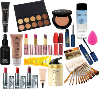 

Anamaria Eyelashes , Mac 10 Shades Concealer Palette , Prep+Prime BB Beauty Balm Cream , Hyper real Foundation , Select Cover Up Concealer , Padma Eyeliner & Mascara , Sponge Puff , Giambattista Valli Lip gloss Pack Of 2 , Bobbi Brown Concealer , Makeup R