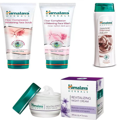 

Himalaya REVITALIZING NIGHT CREAM , CLEAR COMPLEXION WHITENING FACE SCRUB , CLEAR COMPLEXION WHITENING FACE WASH , COCA BUTTER BODY LOTION(Set of 4)