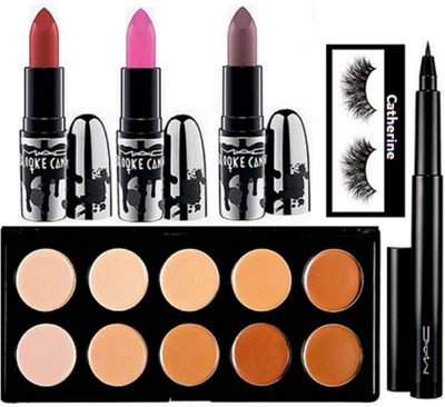 

catherine eyelashes, lipstick pack of 3, 10 shade concealer palette, pen eyeliner(Set of 6)