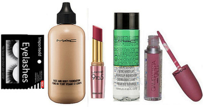 

Importedd Eyelashes & Mac Face And Body Foundation, Lip Gloss, Makeup Remover, 9to5 Primer Lipstick(Set of 5)