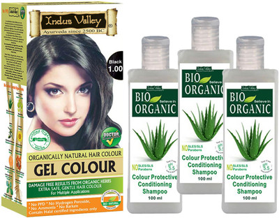 

Indus Valley Organically Natural Gel Black Gentle Hair Color with 3 Set of Colour Protection Shampoo Combo Pack(Set of 4)