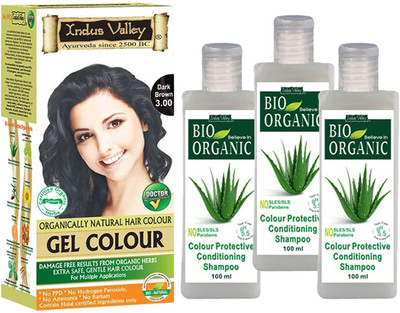 

Indus Valley Organically Natural Gel Dark Brown Long Lasting Hair Color with 3 Set of Colour Protection Shampoo Combo Pack(Set of 4)