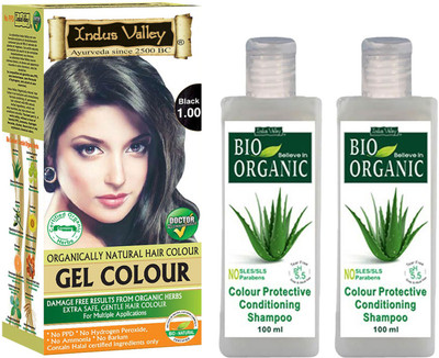 

Indus Valley Organically Natural Gel Black Herbal Hair Color with 2 Set of Colour Protection Shampoo Combo Pack(Set of 3)