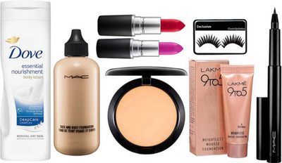 

Exclusive eyelashes, dove essential nourishment deep care complex body lotion, mac face and body foundation , compact , lakme mousse foundation , pen liner , matte finish lipstick [pack of 2](Set of 8)