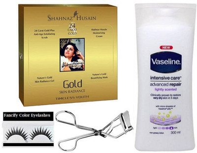 

fancify combo Eyelashes & Gold Facial Kit,Vaseline Intensive Care Advanced Repair Body With eyelashes Curler(set of 4)(Set of 4)