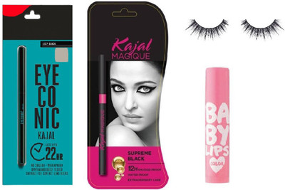 

glowrose black eyeconic kajal with baby lips get free eyelash(Set of 4)