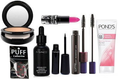 

catherine Silicon Puff With Studio Fix Compact & Hyper Real Foundation, Liquid Eyeliner And haute and naughty double effect Mascara, Lipstick, white beauty spot-less face wash(Set of 7)