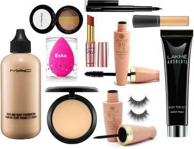 

eska Sponge Puff, Mac Face And Body Foundation, Compact & Lakme 9 to 5 Waterproof Eyeliner, Mascara, Eyelashes Prime Matte Lipstick & Lakme Absolute Blur Perfect Makeup Primer & Mac Mineralize Concealer, 3 Color Eyeshadow, Pen Liner(Set of 11)
