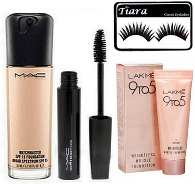 

TIARA Eyelashes , Mac Match Master Foundation , Lakme Weightless Mousse Foundation , WaterProof Mascara(Set of 4)