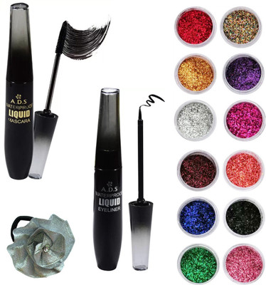

ADS Waterproof Eyeliner, Mascara, Nail Arts Glitter Powder (12 PCS) and Band(Set of 15)