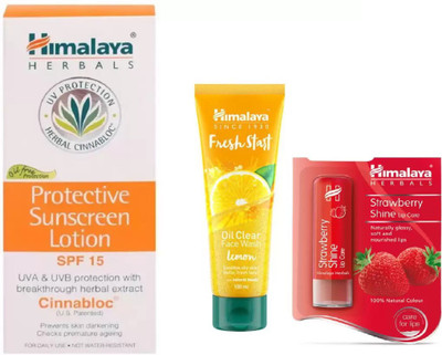

Himalaya PROECTIVE SUNCREEN , OIL CLEAR FACE WASH LEMON , STRAWBERRY LIP CARE(Set of 3)