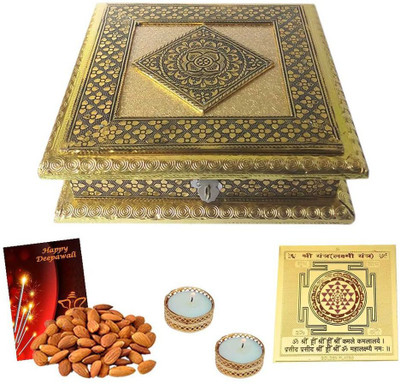 

Maalpani Diwali Pooja n Drufruits Oxodise Box with Golden Shree Yantra and Golden Tealight Candle Holder candles n Silver Laxmi Ganesh Coin. Combo(5)